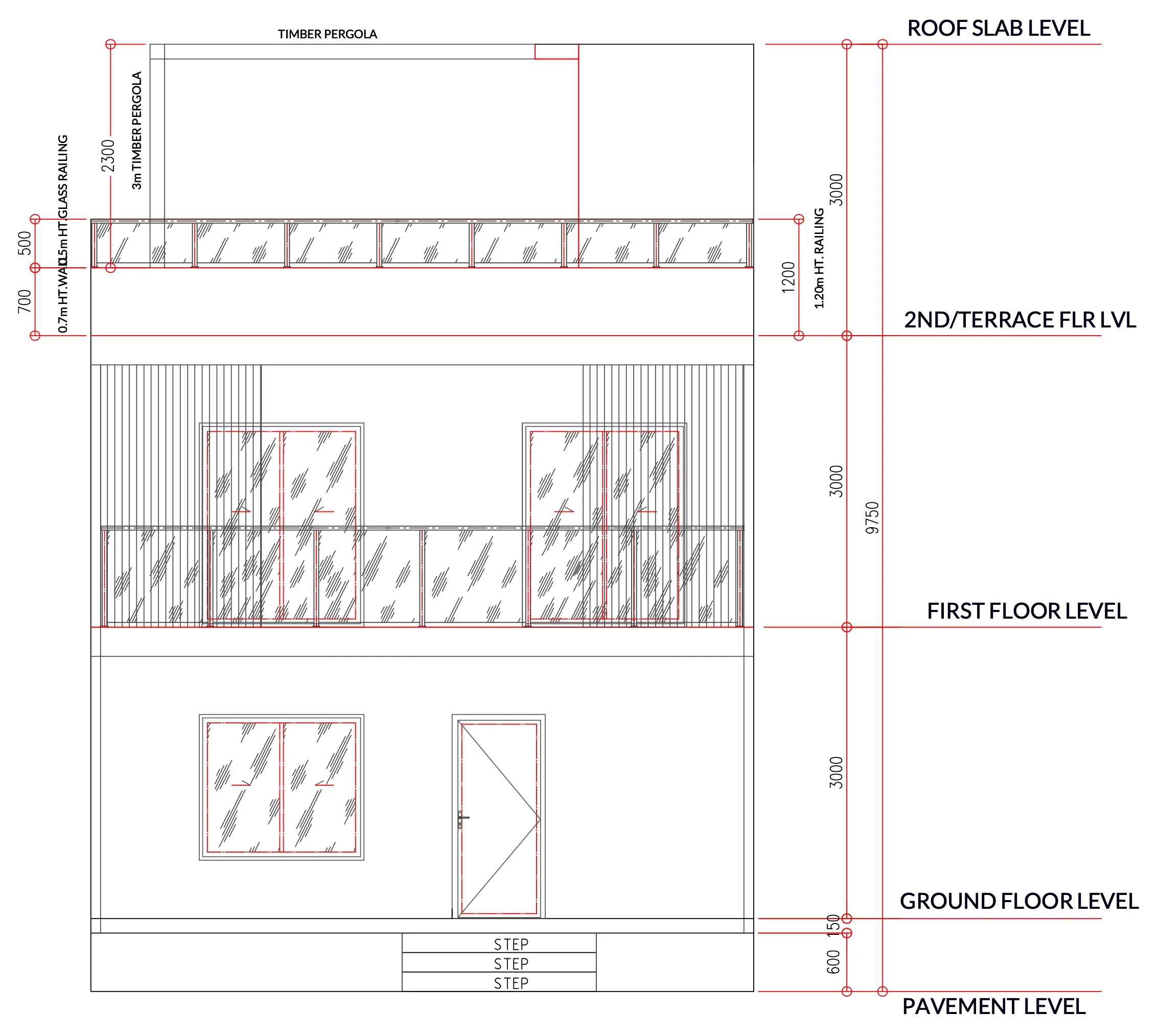 Front elevation drawing: ground floor, first floor with balcony, rooftop terrace and timber pergola, 9.75 m from pavement to roof slab