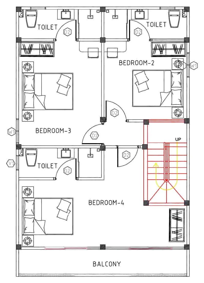 First floor plan: bedrooms 2, 3 and 4, three bathrooms and the balcony
