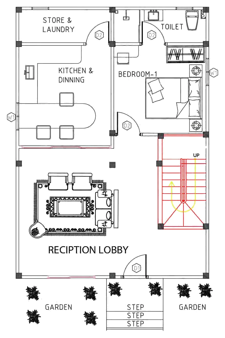 Ground floor plan: reception lobby, kitchen and dining, bedroom 1 with bathroom, store and laundry, staircase and front garden