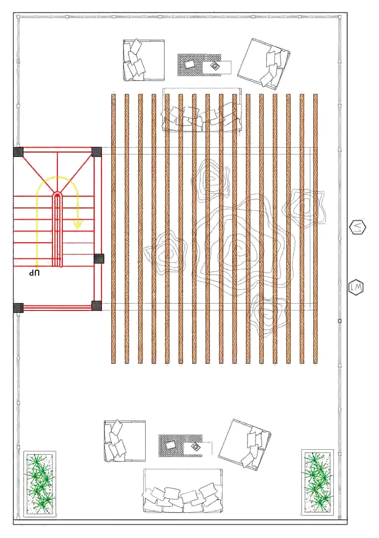 Rooftop plan: timber pergola, two lounge areas with daybeds, planters and the staircase