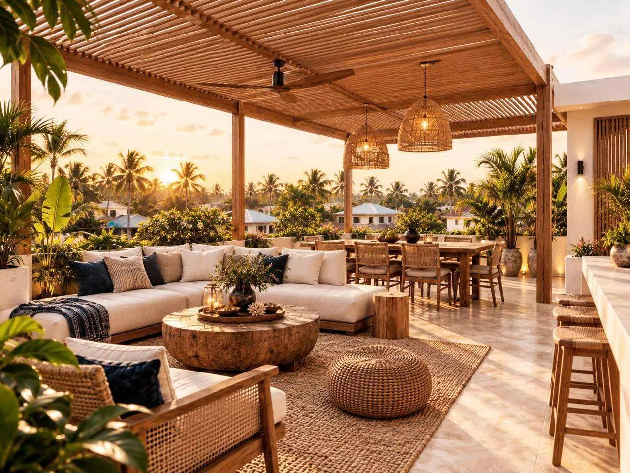 Rendering of the shaded rooftop terrace with daybeds and dining for eight