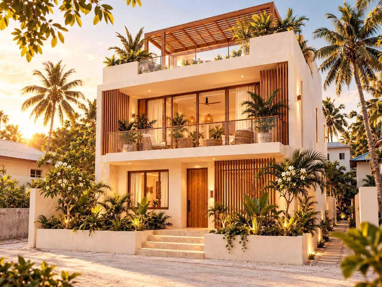 Rendering of the villa facade at sunset with timber screens and a rooftop pergola