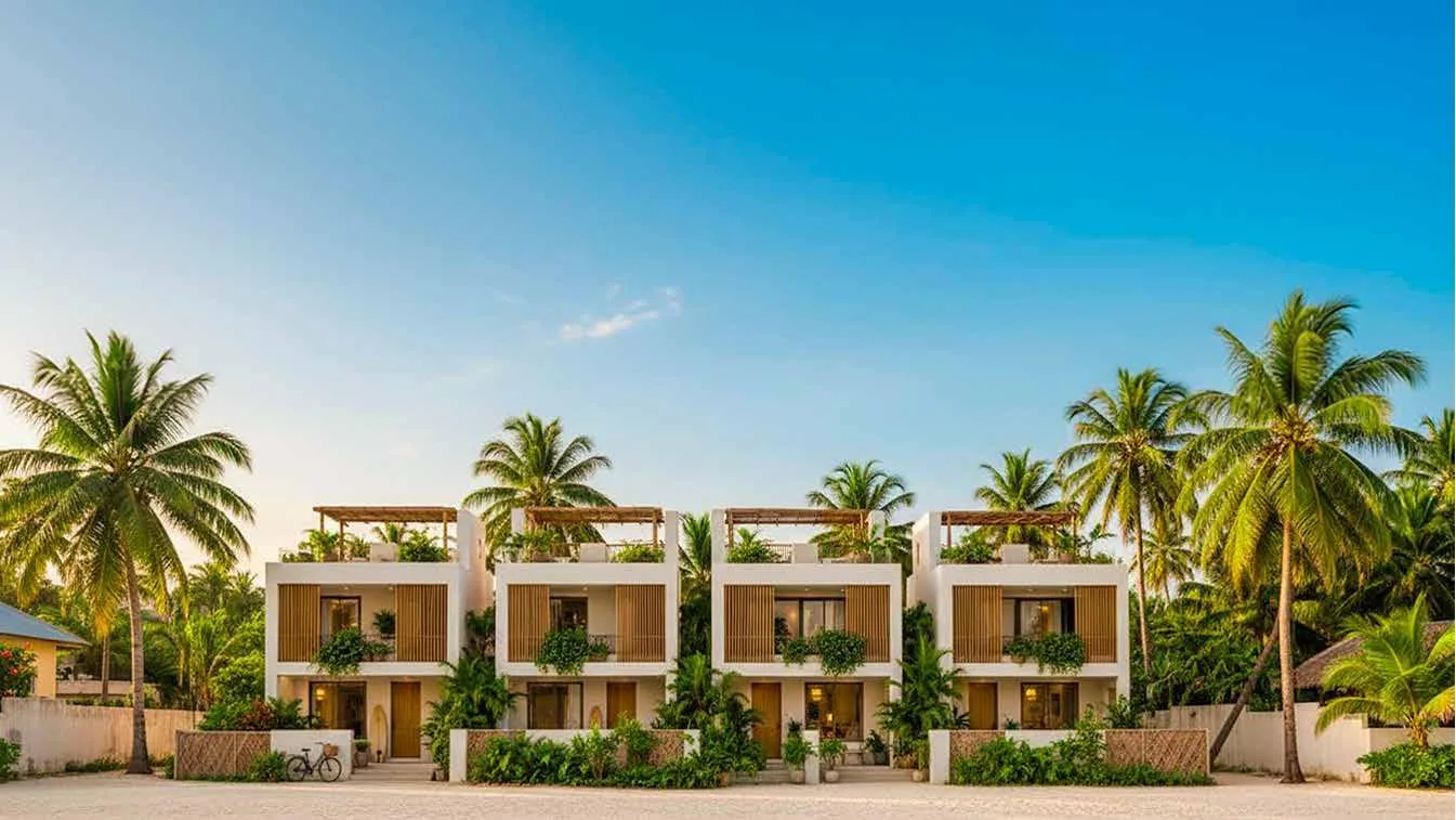 Architectural rendering of the Planet Maldives villas among palm trees on Thulusdhoo